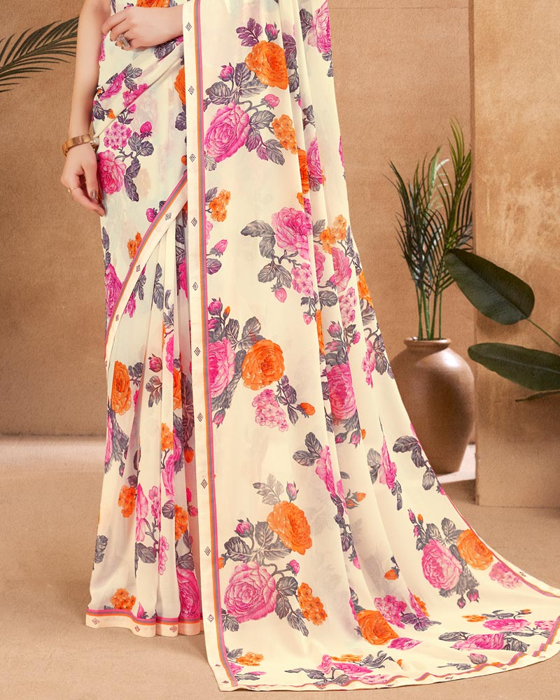 Vishal Prints Ivory And Multi Color Printed Georgette Saree With Fancy Border