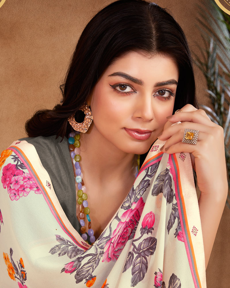 Vishal Prints Ivory And Multi Color Printed Georgette Saree With Fancy Border