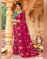 Vishal Prints Violet Red Designer Organza Zari Weaving Saree With Cut Work Diamond Border