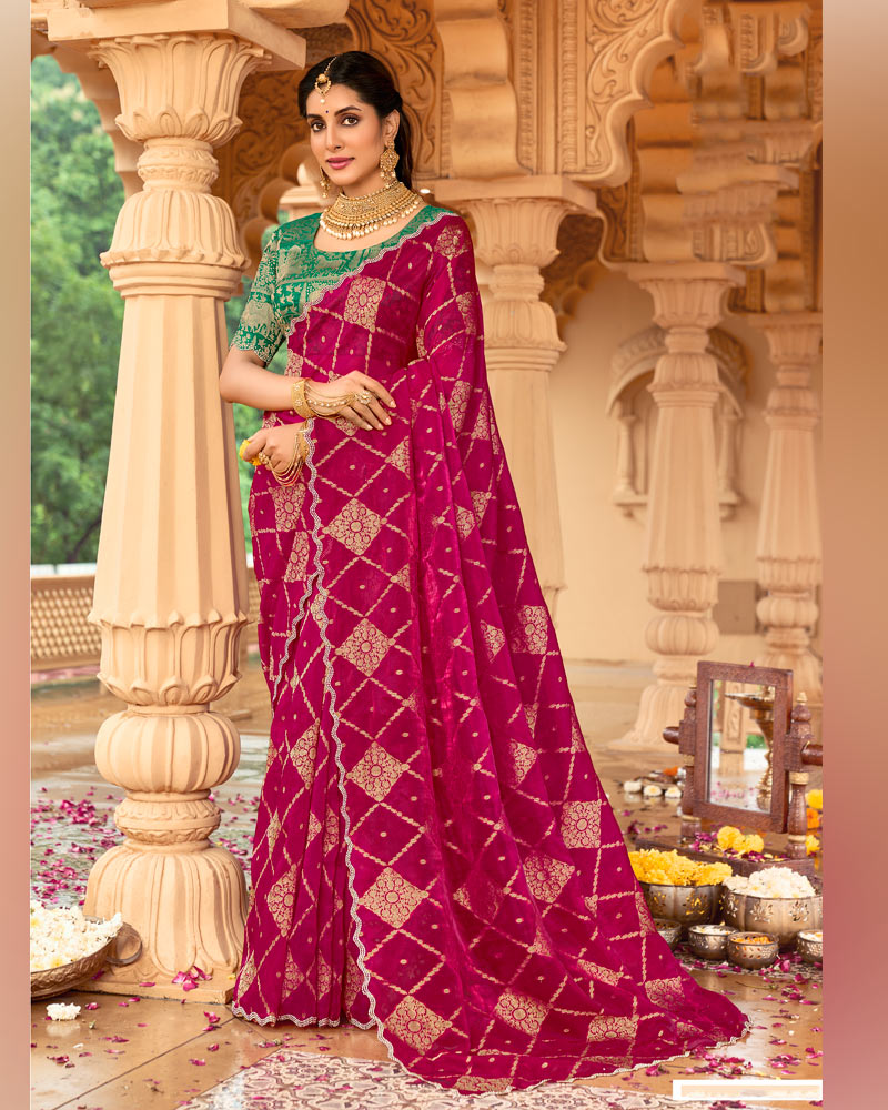 Vishal Prints Violet Red Designer Organza Zari Weaving Saree With Cut Work Diamond Border