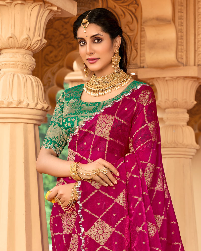 Vishal Prints Violet Red Designer Organza Zari Weaving Saree With Cut Work Diamond Border