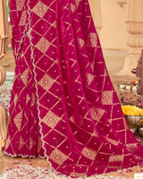 Vishal Prints Violet Red Designer Organza Zari Weaving Saree With Cut Work Diamond Border