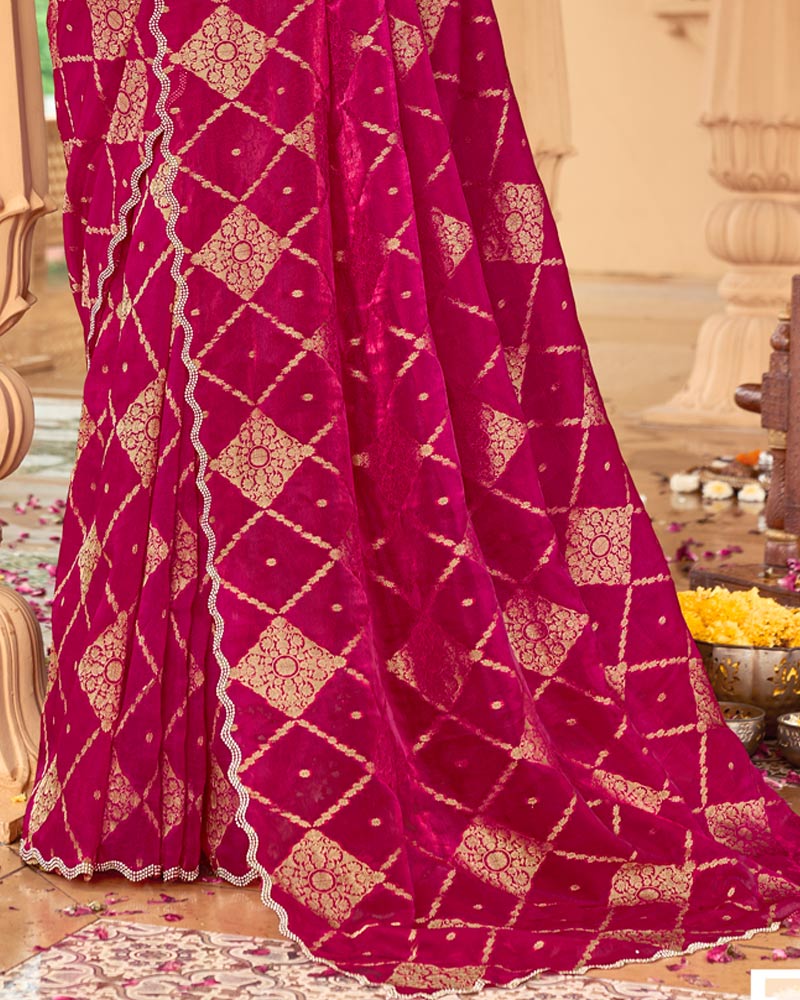 Vishal Prints Violet Red Designer Organza Zari Weaving Saree With Cut Work Diamond Border