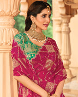 Vishal Prints Violet Red Designer Organza Zari Weaving Saree With Cut Work Diamond Border