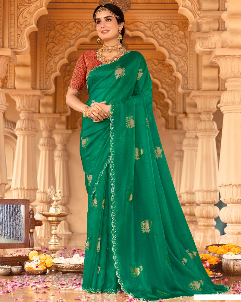 Vishal Prints Tropical Green Designer Organza Zari Weaving Saree With Cut Work Diamond Border