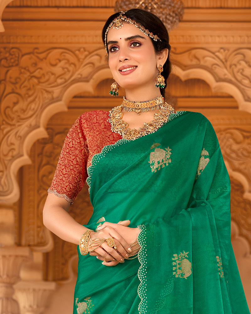 Vishal Prints Tropical Green Designer Organza Zari Weaving Saree With Cut Work Diamond Border