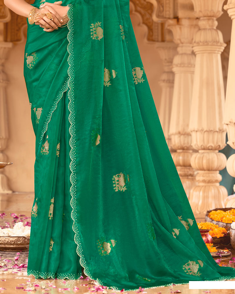 Vishal Prints Tropical Green Designer Organza Zari Weaving Saree With Cut Work Diamond Border