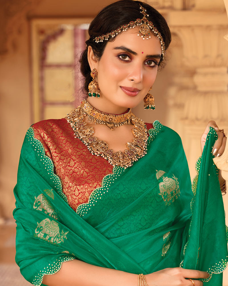 Vishal Prints Tropical Green Designer Organza Zari Weaving Saree With Cut Work Diamond Border