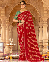 Vishal Prints Dark Burnt Red Designer Organza Zari Weaving Saree With Cut Work Diamond Border