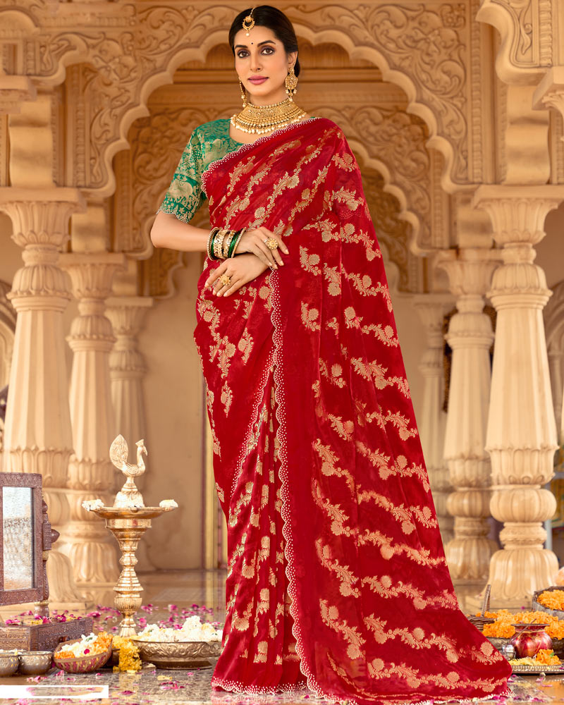 Vishal Prints Dark Burnt Red Designer Organza Zari Weaving Saree With Cut Work Diamond Border