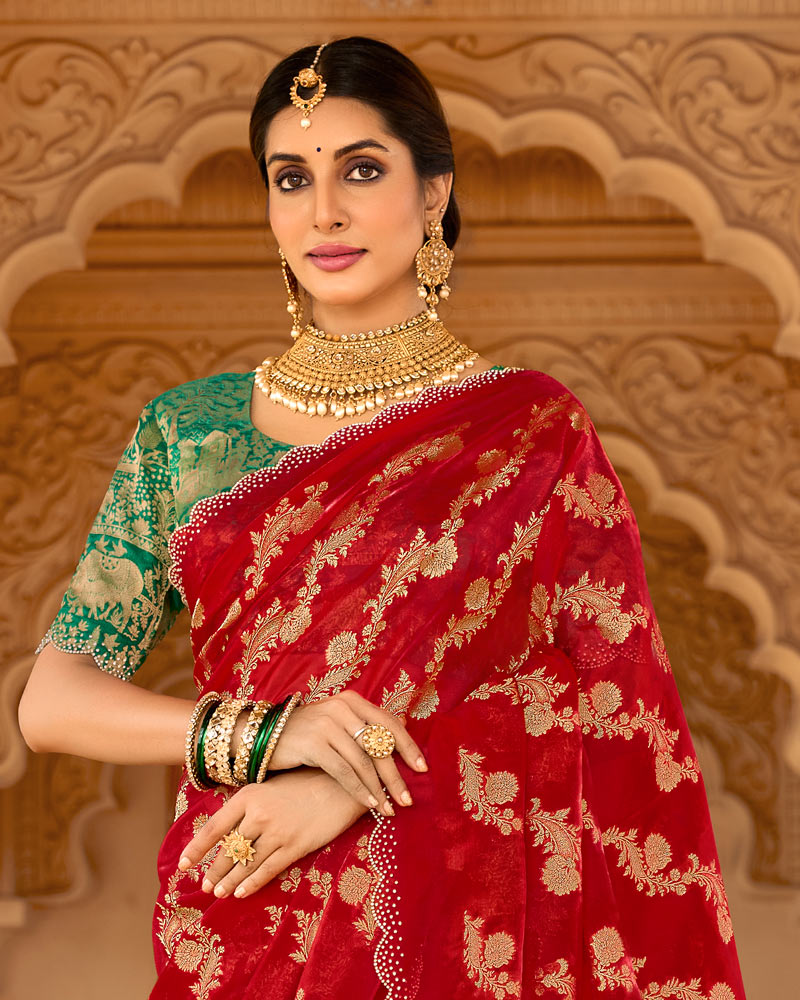 Vishal Prints Dark Burnt Red Designer Organza Zari Weaving Saree With Cut Work Diamond Border