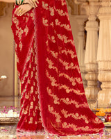 Vishal Prints Dark Burnt Red Designer Organza Zari Weaving Saree With Cut Work Diamond Border