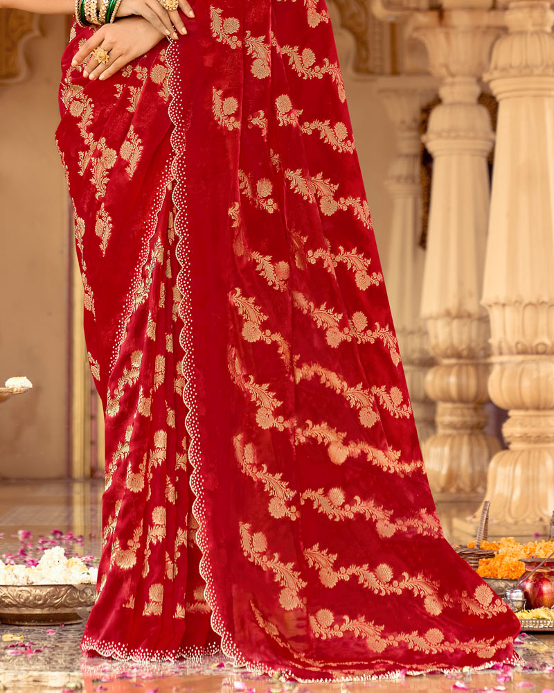 Vishal Prints Dark Burnt Red Designer Organza Zari Weaving Saree With Cut Work Diamond Border