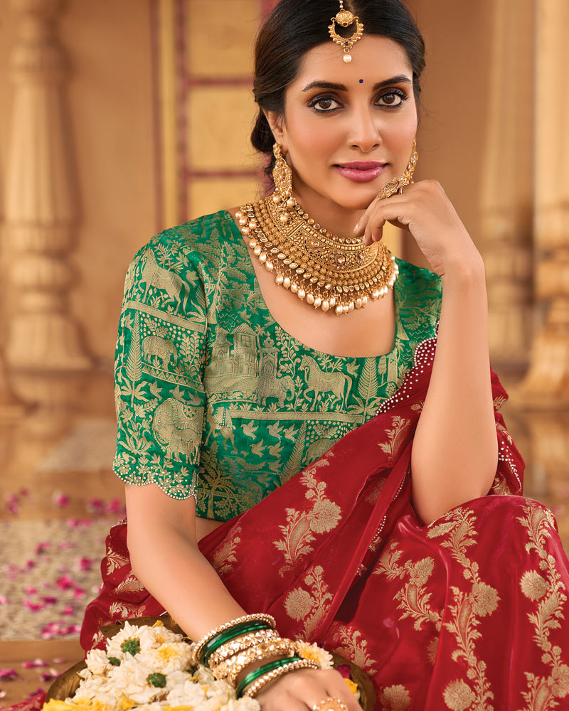 Vishal Prints Dark Burnt Red Designer Organza Zari Weaving Saree With Cut Work Diamond Border