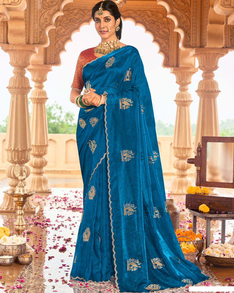 Vishal Prints Peacock Blue Designer Organza Zari Weaving Saree With Cut Work Diamond Border