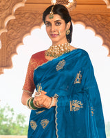 Vishal Prints Peacock Blue Designer Organza Zari Weaving Saree With Cut Work Diamond Border