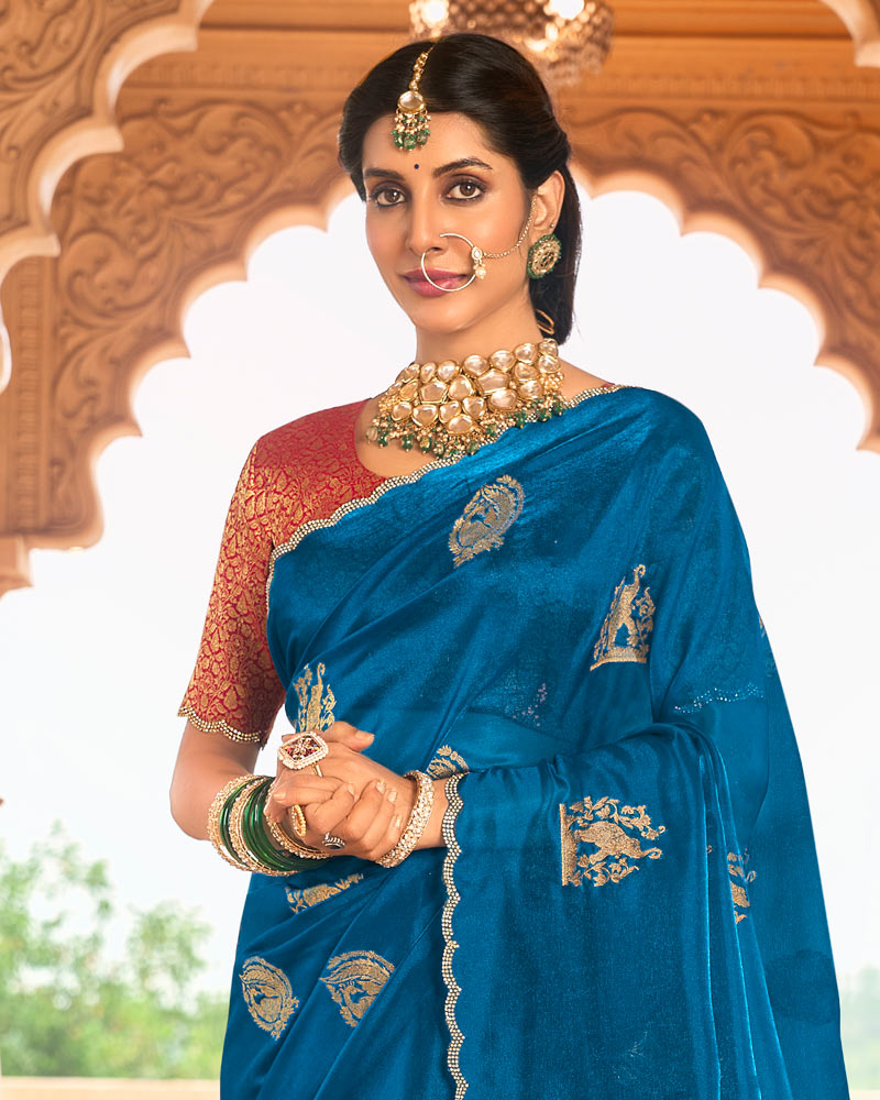 Vishal Prints Peacock Blue Designer Organza Zari Weaving Saree With Cut Work Diamond Border