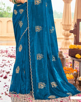 Vishal Prints Peacock Blue Designer Organza Zari Weaving Saree With Cut Work Diamond Border