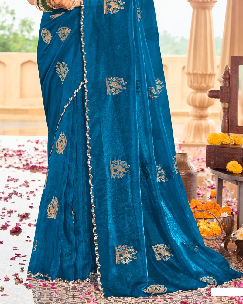 Vishal Prints Peacock Blue Designer Organza Zari Weaving Saree With Cut Work Diamond Border