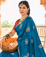 Vishal Prints Peacock Blue Designer Organza Zari Weaving Saree With Cut Work Diamond Border