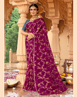 Vishal Prints Dark Fuchsia Designer Organza Zari Weaving Saree With Cut Work Diamond Border
