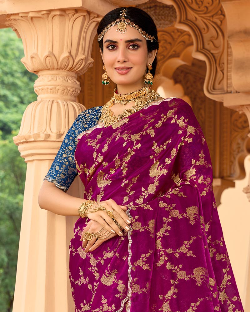 Vishal Prints Dark Fuchsia Designer Organza Zari Weaving Saree With Cut Work Diamond Border