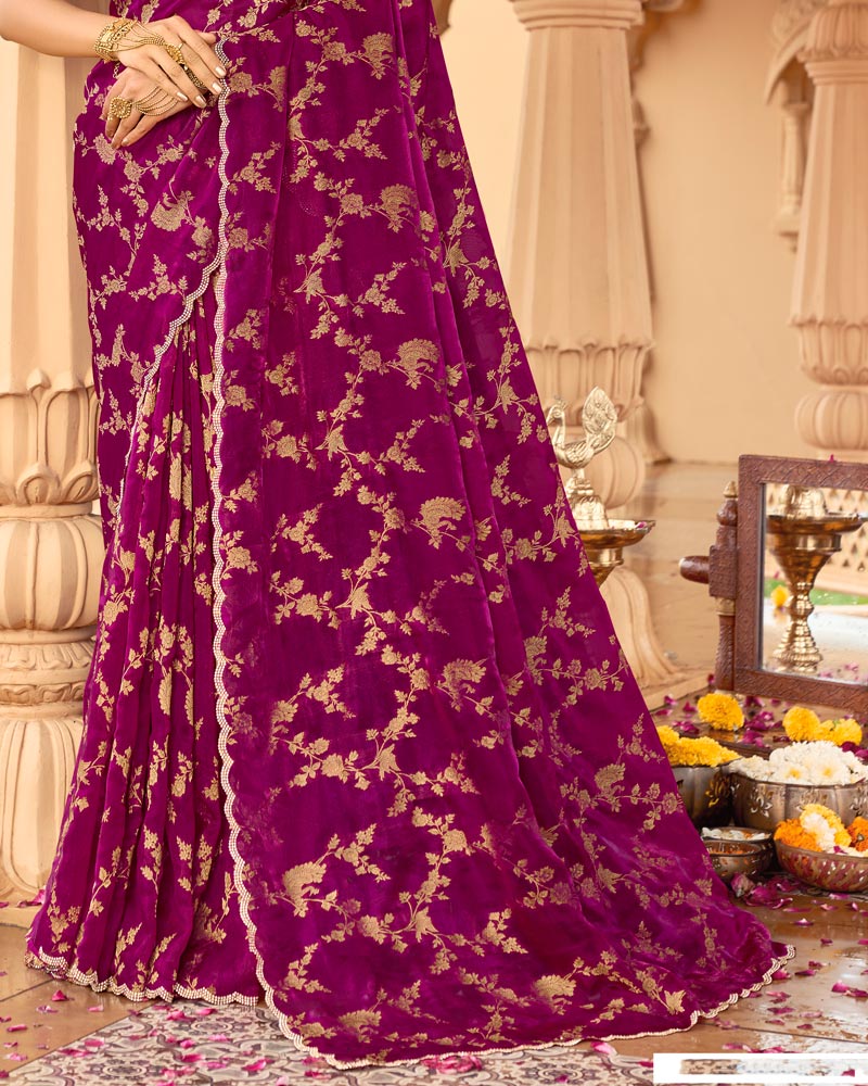 Vishal Prints Dark Fuchsia Designer Organza Zari Weaving Saree With Cut Work Diamond Border
