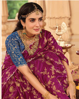 Vishal Prints Dark Fuchsia Designer Organza Zari Weaving Saree With Cut Work Diamond Border