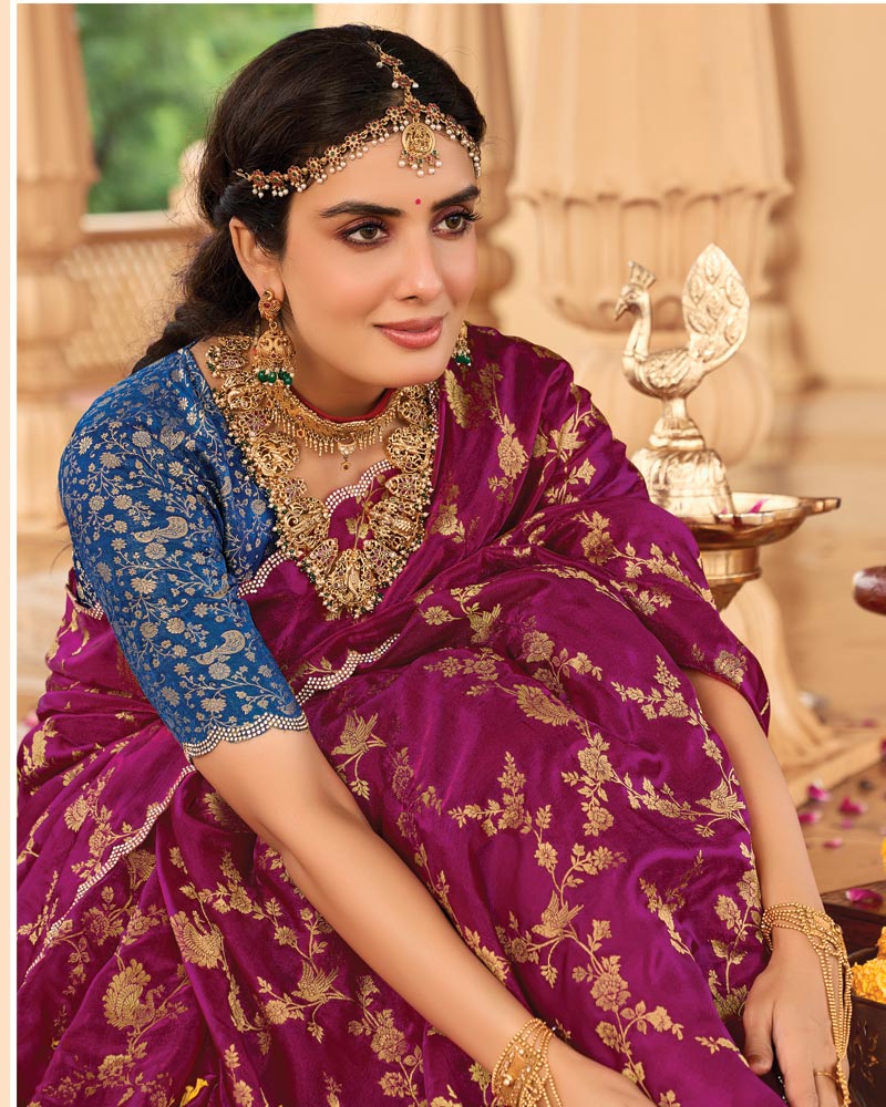 Vishal Prints Dark Fuchsia Designer Organza Zari Weaving Saree With Cut Work Diamond Border