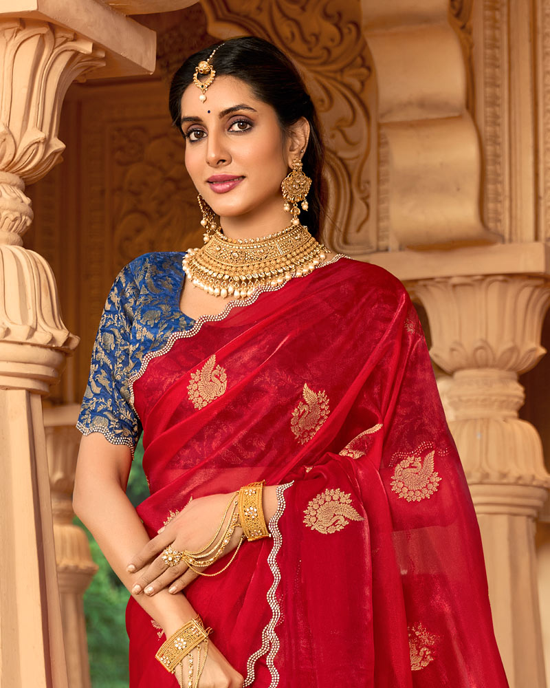 Vishal Prints Chili Red Designer Organza Zari Weaving Saree With Cut Work Diamond Border