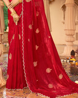 Vishal Prints Chili Red Designer Organza Zari Weaving Saree With Cut Work Diamond Border