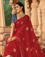 Vishal Prints Chili Red Designer Organza Zari Weaving Saree With Cut Work Diamond Border