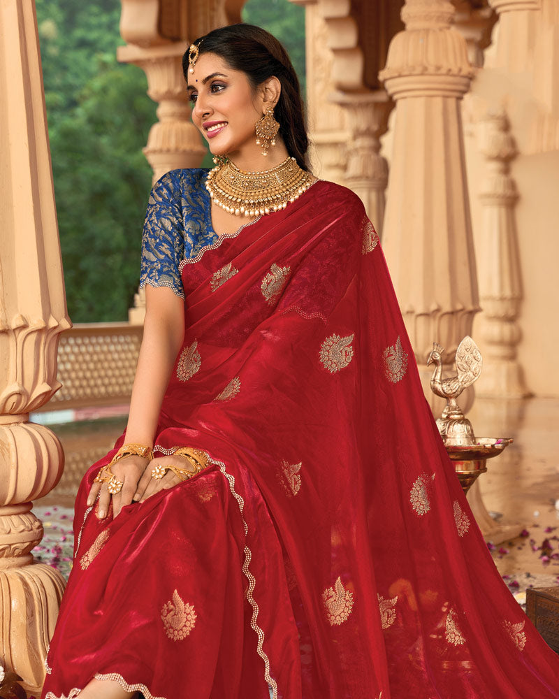 Vishal Prints Chili Red Designer Organza Zari Weaving Saree With Cut Work Diamond Border