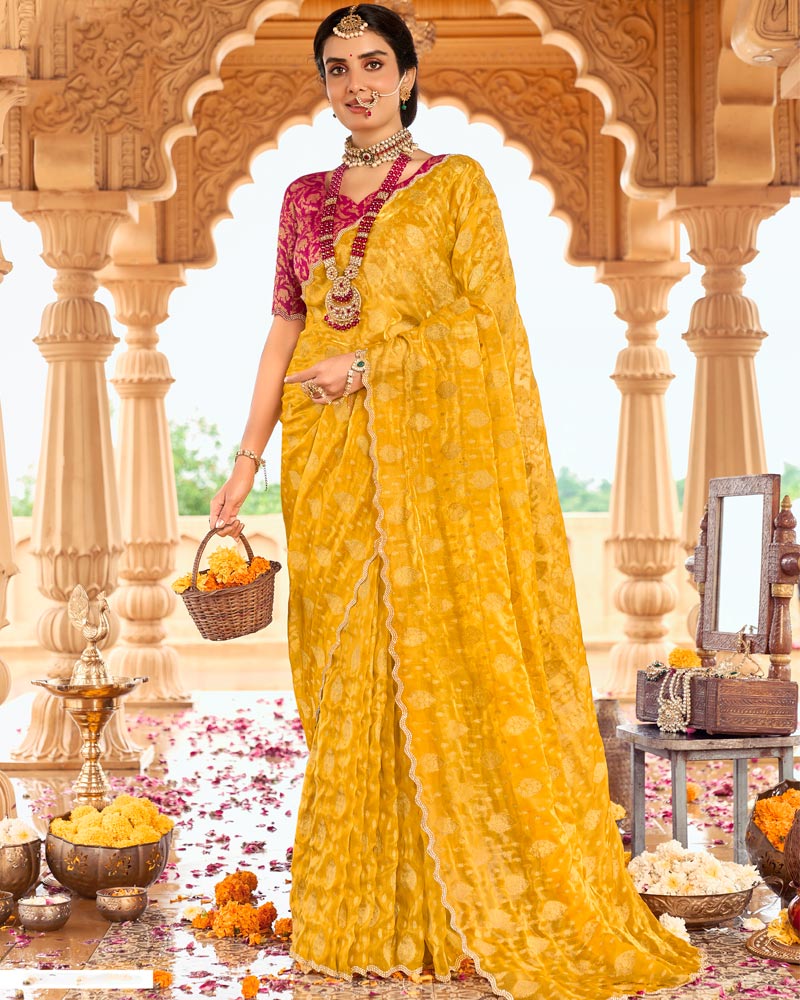 Vishal Prints Yellowish Orange Designer Organza Zari Weaving Saree With Cut Work Diamond Border