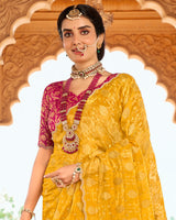 Vishal Prints Yellowish Orange Designer Organza Zari Weaving Saree With Cut Work Diamond Border