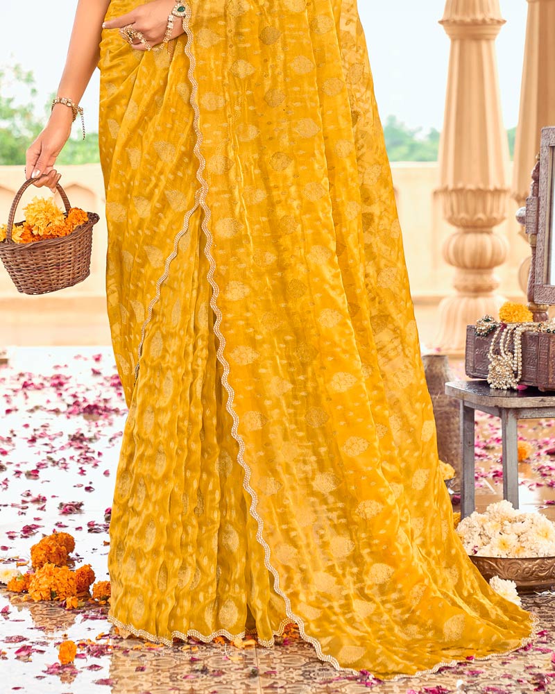Vishal Prints Yellowish Orange Designer Organza Zari Weaving Saree With Cut Work Diamond Border
