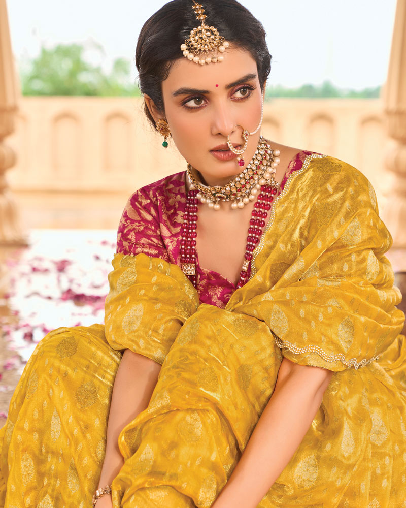 Vishal Prints Yellowish Orange Designer Organza Zari Weaving Saree With Cut Work Diamond Border