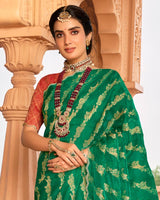 Vishal Prints Dark Spring Green Designer Organza Zari Weaving Saree With Cut Work Diamond Border