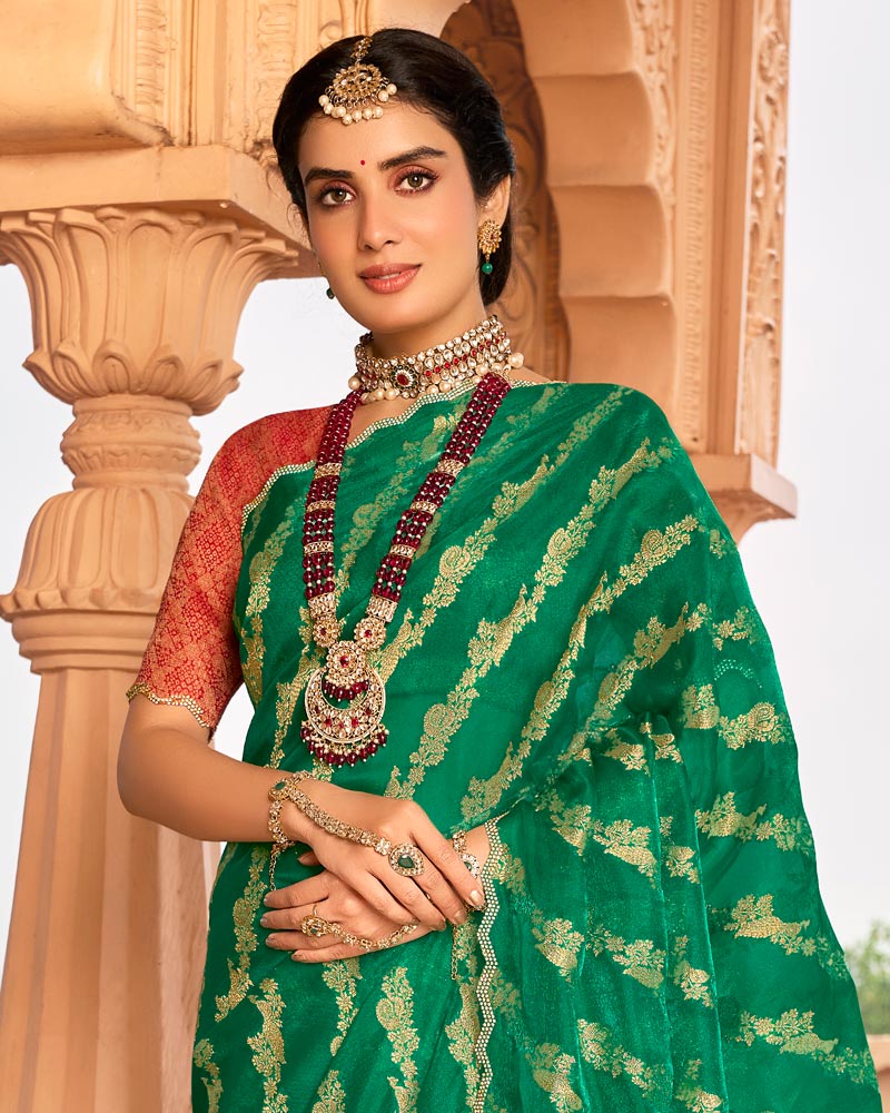 Vishal Prints Dark Spring Green Designer Organza Zari Weaving Saree With Cut Work Diamond Border