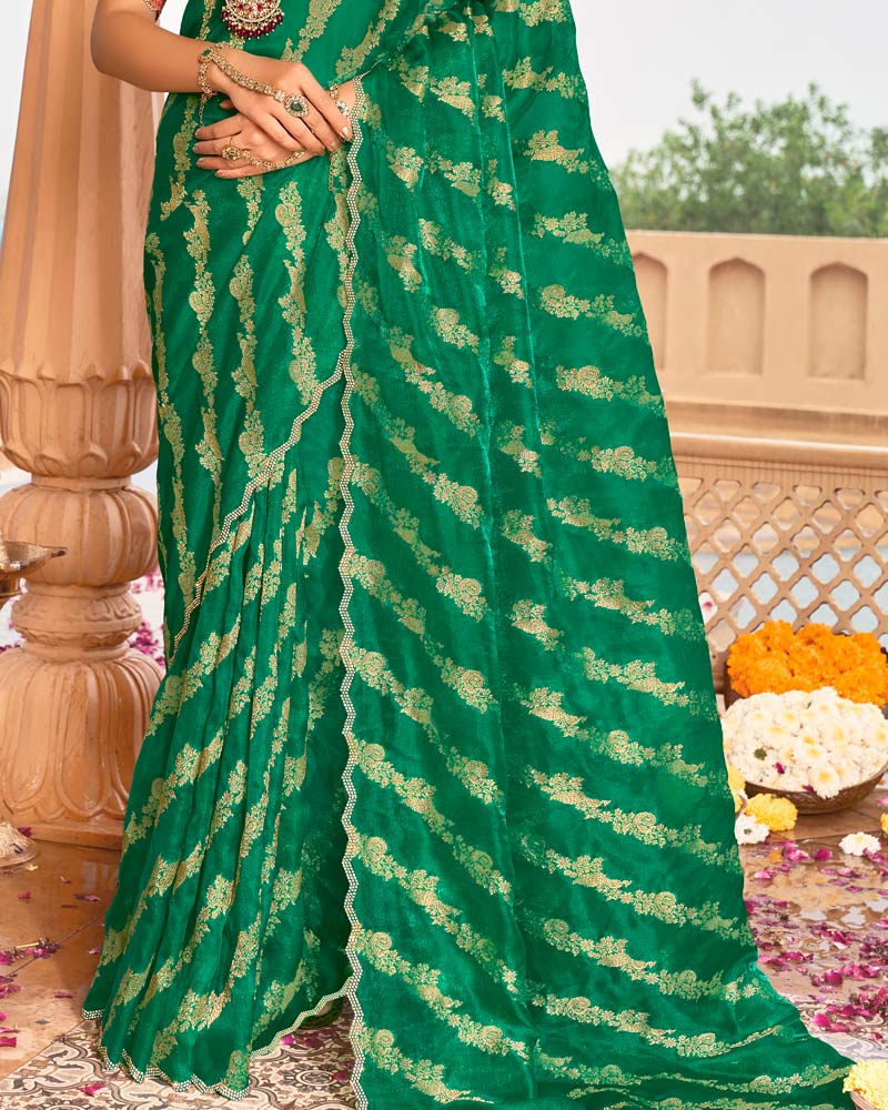 Vishal Prints Dark Spring Green Designer Organza Zari Weaving Saree With Cut Work Diamond Border