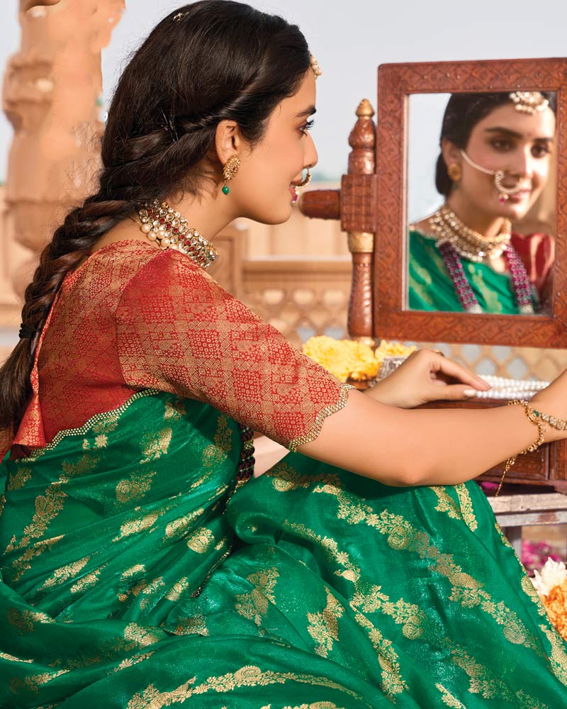 Vishal Prints Dark Spring Green Designer Organza Zari Weaving Saree With Cut Work Diamond Border