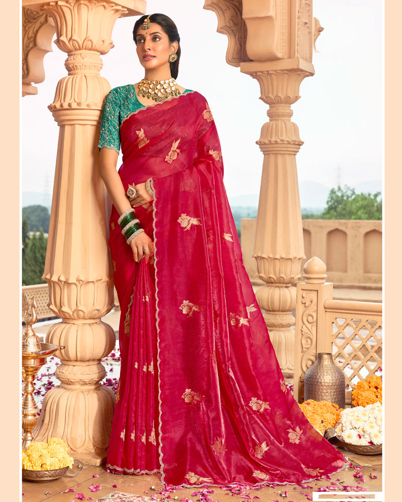Vishal Prints Bright Maroon Designer Organza Zari Weaving Saree With Cut Work Diamond Border