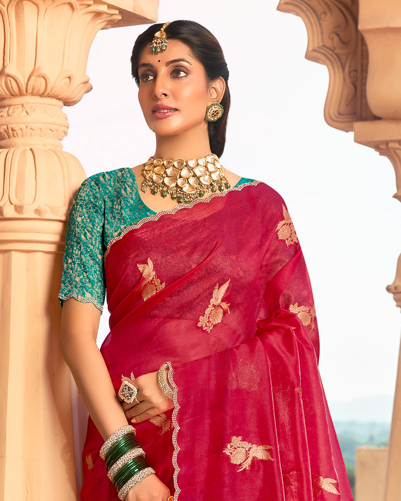 Vishal Prints Bright Maroon Designer Organza Zari Weaving Saree With Cut Work Diamond Border