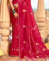 Vishal Prints Bright Maroon Designer Organza Zari Weaving Saree With Cut Work Diamond Border