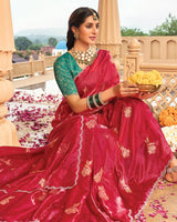 Vishal Prints Bright Maroon Designer Organza Zari Weaving Saree With Cut Work Diamond Border