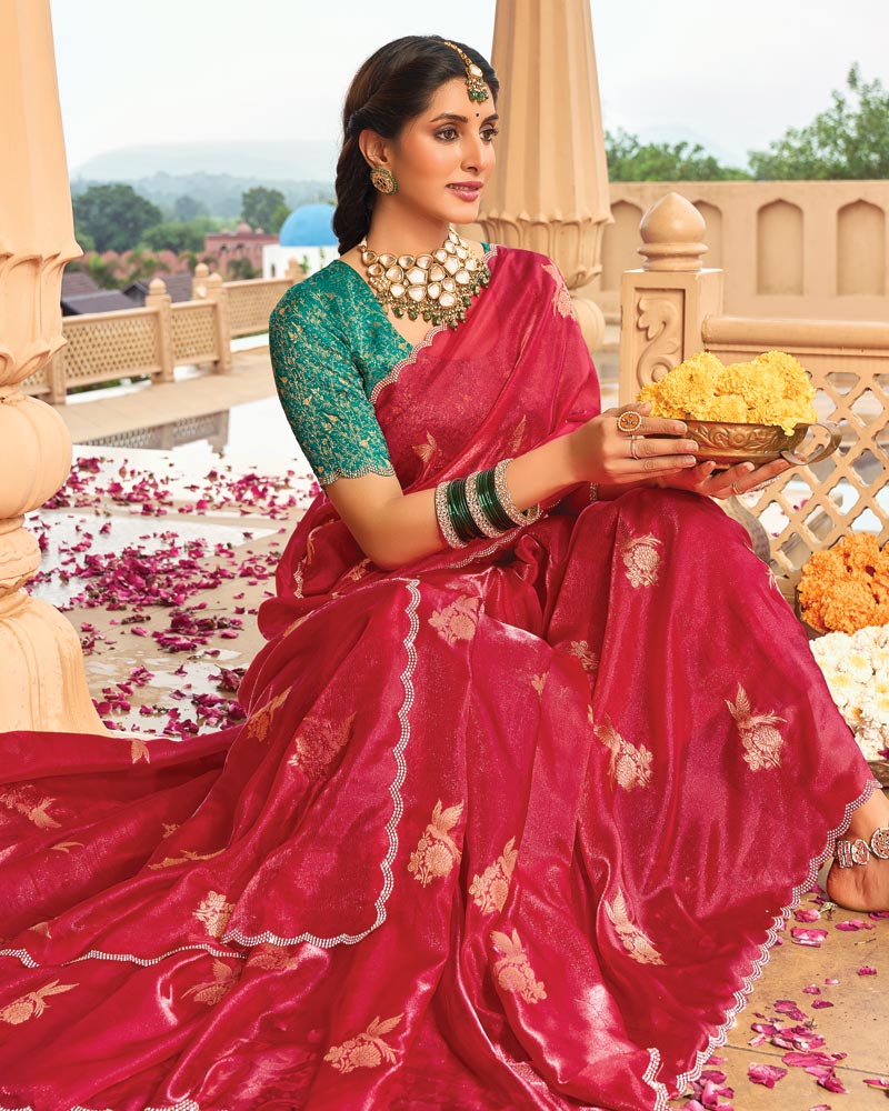 Vishal Prints Bright Maroon Designer Organza Zari Weaving Saree With Cut Work Diamond Border