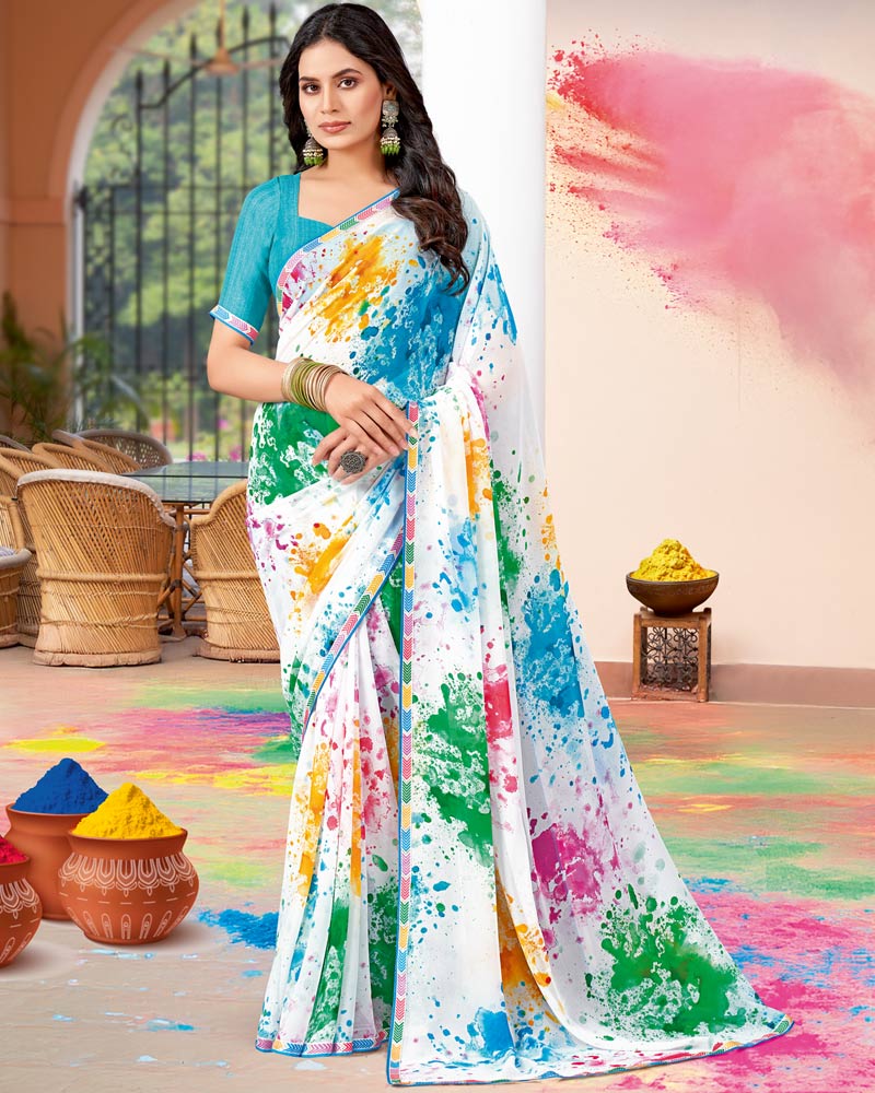 Vishal Prints White And Teal Blue Printed Georgette Saree With Fancy Border