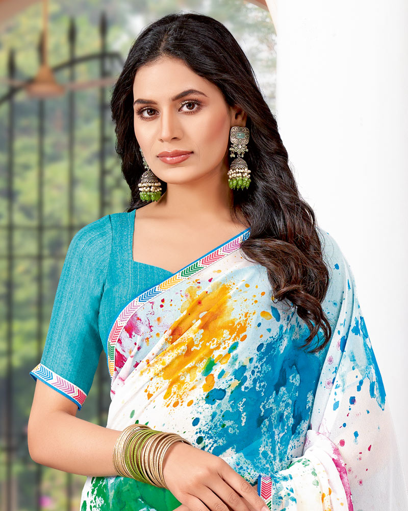 Vishal Prints White And Teal Blue Printed Georgette Saree With Fancy Border