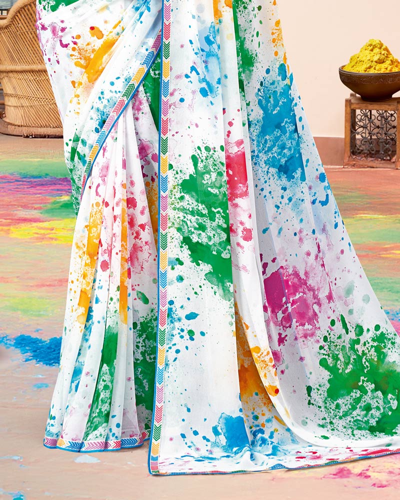 Vishal Prints White And Teal Blue Printed Georgette Saree With Fancy Border