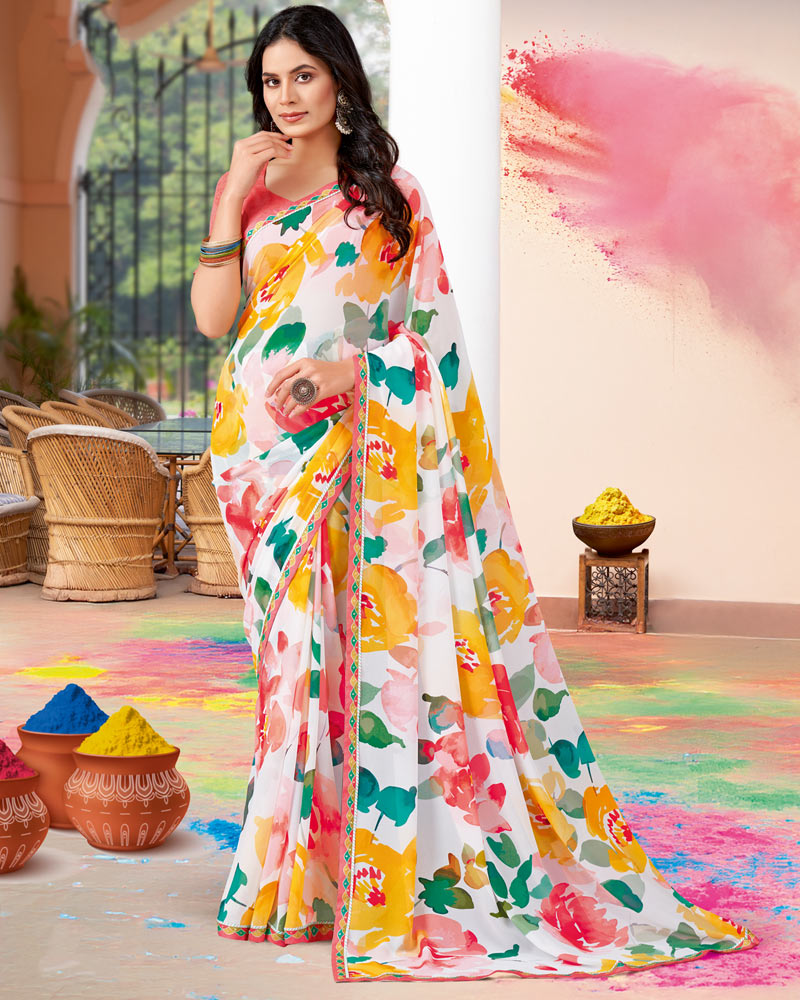 Vishal Prints White And Mustard Printed Georgette Saree With Fancy Border